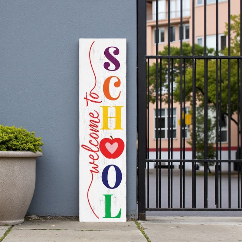HomeRoots 36" White And Red Solid Wood Welcome To School Porch Sign - White/Red - Wood
