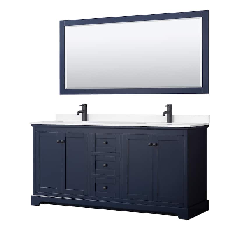 Avery 72 Inch Double Vanity, Cultured Marble Top, 70 Inch Mirror - Dark Blue, Black Trim, White Cultured Marble Top