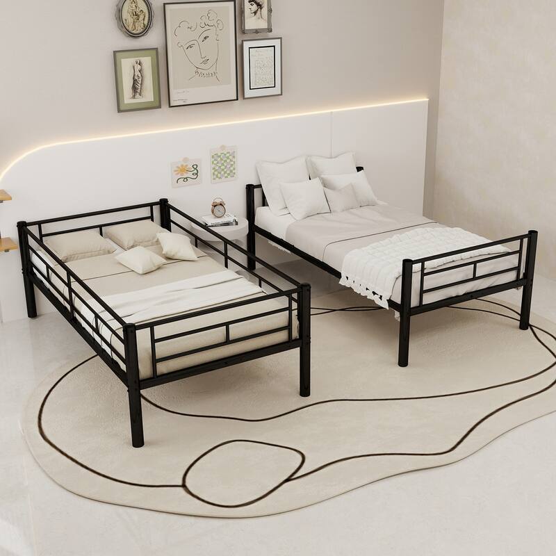 Twin Over Twin Metal Bunk Bed for Kids Boys Girls, Metal Structure Bedframe with Ladders & Guardrail, Convertible 2 Beds