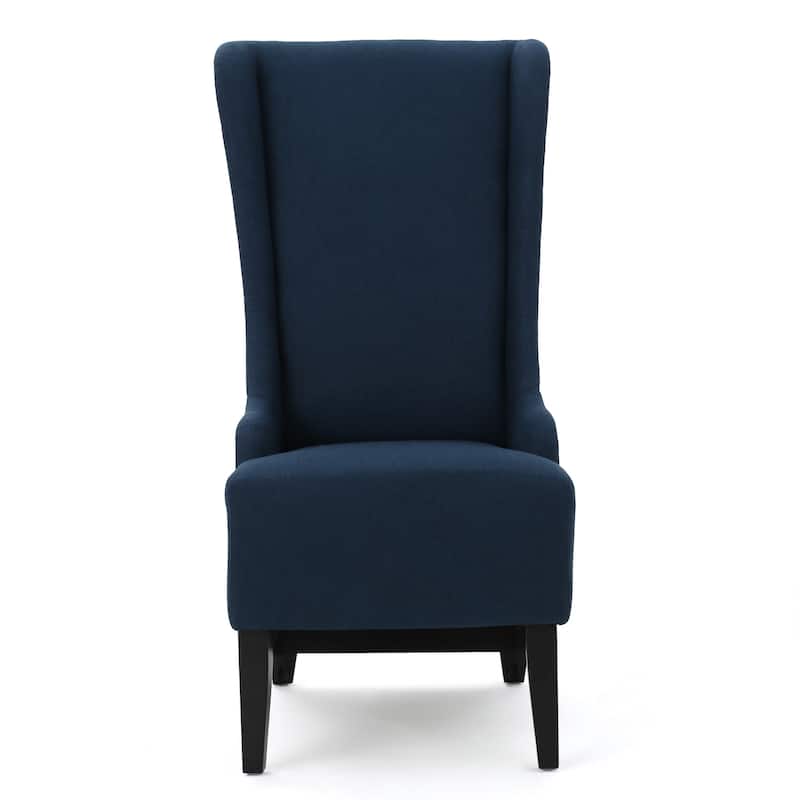 Becca Dining Chair, High Wingback Brown Birch Wood, Navy Blue Fabric