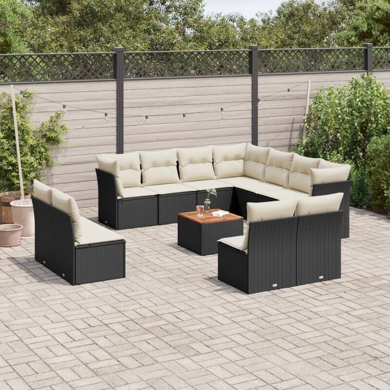 vidaXL Patio Sofa Set with Cushions Outdoor Furniture 12 Piece Poly Rattan - 24.4 x 24.4 x 27.2 - Black and Cream