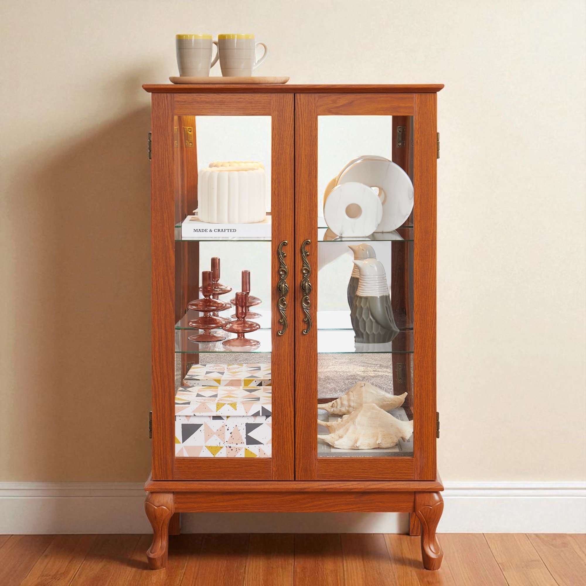 Lighted Curio Cabinet with 2 Glass Doors, Mirrored Back Panel, Adjustable Shelves & Built-in Bulb, Retro Display Cabinet