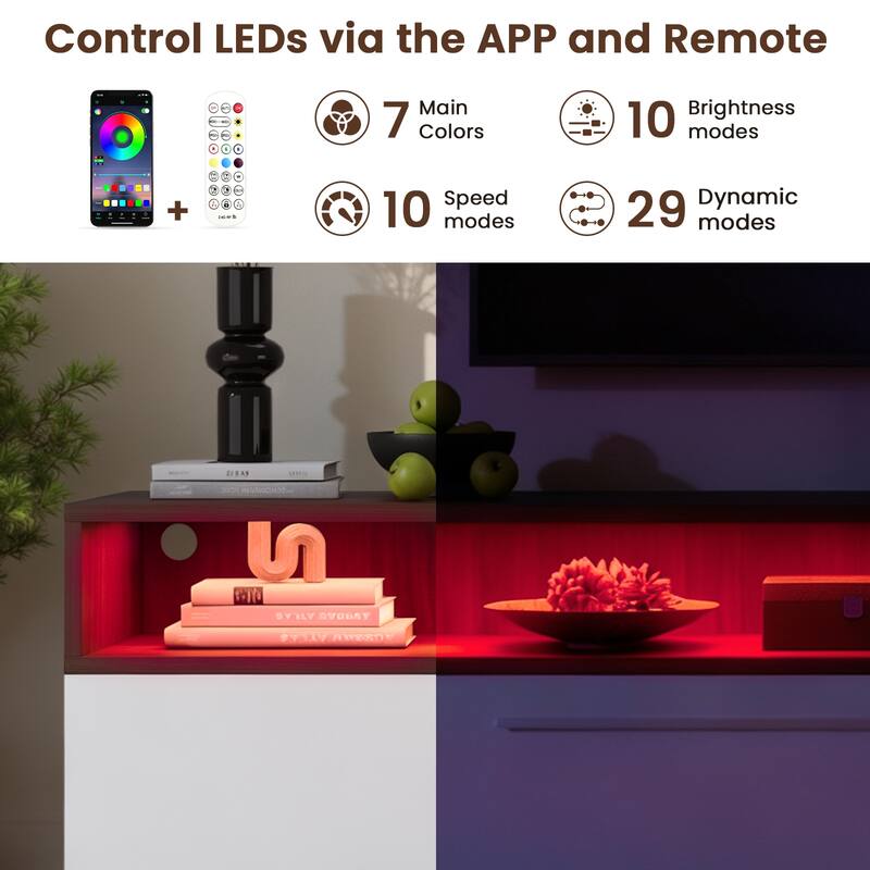 Meyreso 70.8" Modern High Gloss White & Walnut TV Stand with LED Lighting and Open Storage - 70 inches