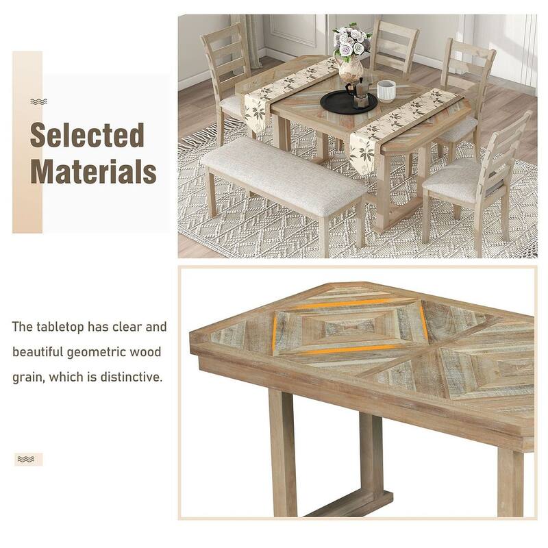 6 PCS Rubber Wood Dining Table Set for 6-Wood Grain Top, Solid Wood Veneer, and Cushioned Seats