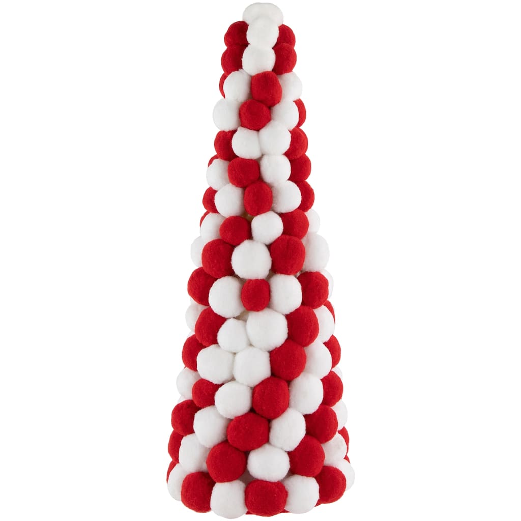 15" Red and White Candy Cane Pom Pom Christmas Tree Table Decoration