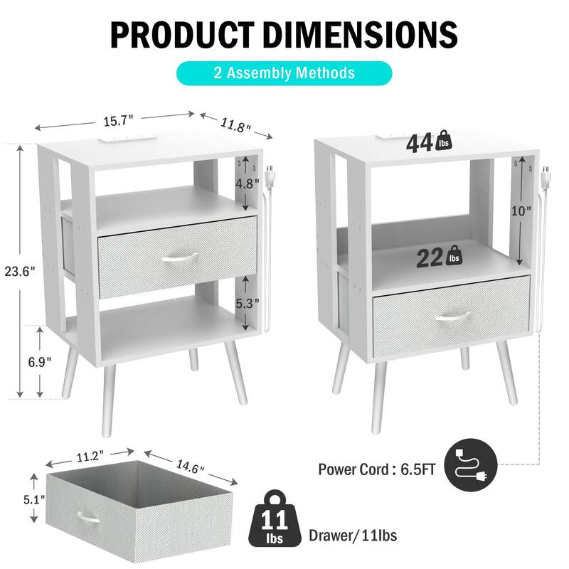 2 Pack Modern Nightstand with Charging Station, Bedside Tables with LED Light and Fabric Drawers