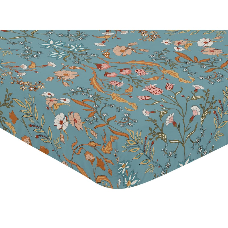 Boho Wildflower Vintage Floral Girl Fitted Crib Sheet Turquoise Orange Daisy Leaves Botanical Paisley Flower Bohemian Farmhouse