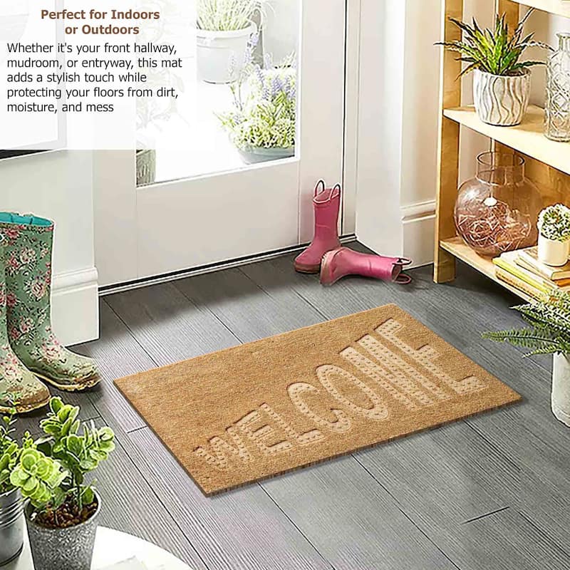 Gardenised Heavy Duty Coco Coir Doormat Non Slip PVC Baking Embossed Welcome Design Natural Coconut Fiber Floor Mat 18x30"