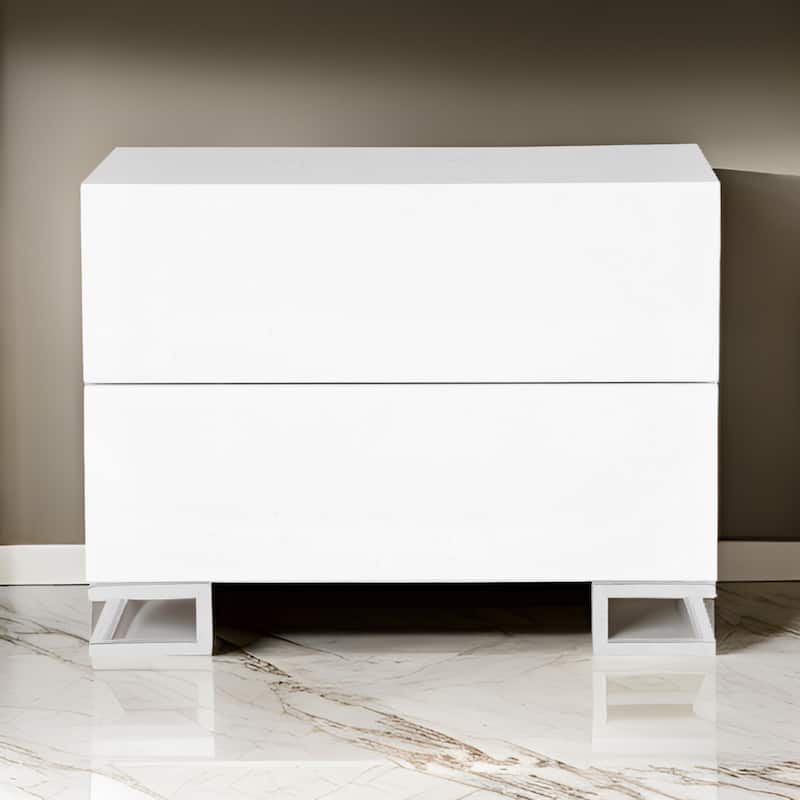Sam 20 Inch Nightstand, 2 Drawers, White Wood, High Polished Metal Legs