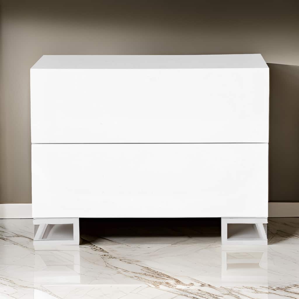 Sam 20 Inch Nightstand, 2 Drawers, White Wood, High Polished Metal Legs