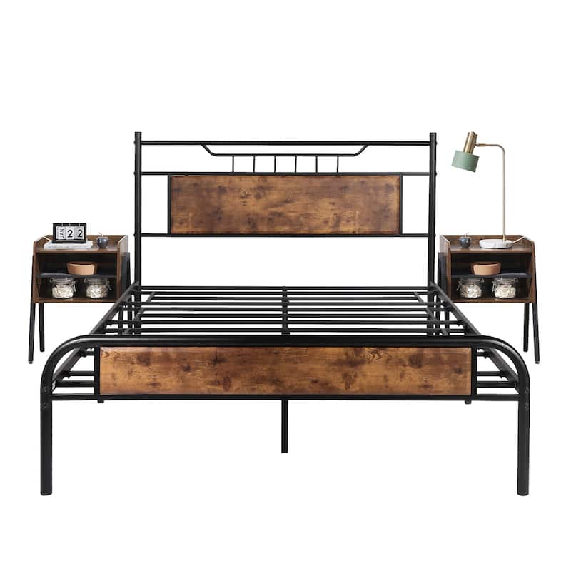 VECELO Industrial 3-pieces Bed and Modern Nightstands Set - Brown Nightstands - Queen
