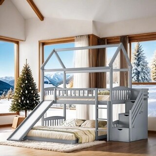 Elegant Style Twin Over Twin House Bunk Bed with Two Drawers and Slide, Maximized Space Saving, Friendly Design, Grey