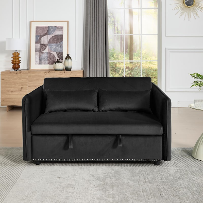 Small Convertible Sofa Bed, 55" Velvet Loveseat Couch with Pull-Out Bed, Pillows, Adjustable Backrest & Side Pockets