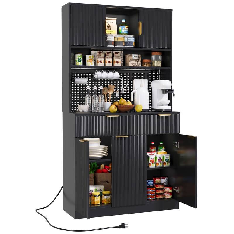 Meyreso Boho Fluted Kitchen Pantry Storage Cabinet Hutch with Microwave Stand and Power Outlets