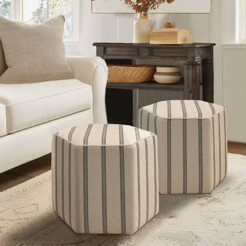 Roomfitters Hexagon Accent Ottoman, Farmhouse Stripe Upholstered Seat for Living Room or Bedroom, Natural