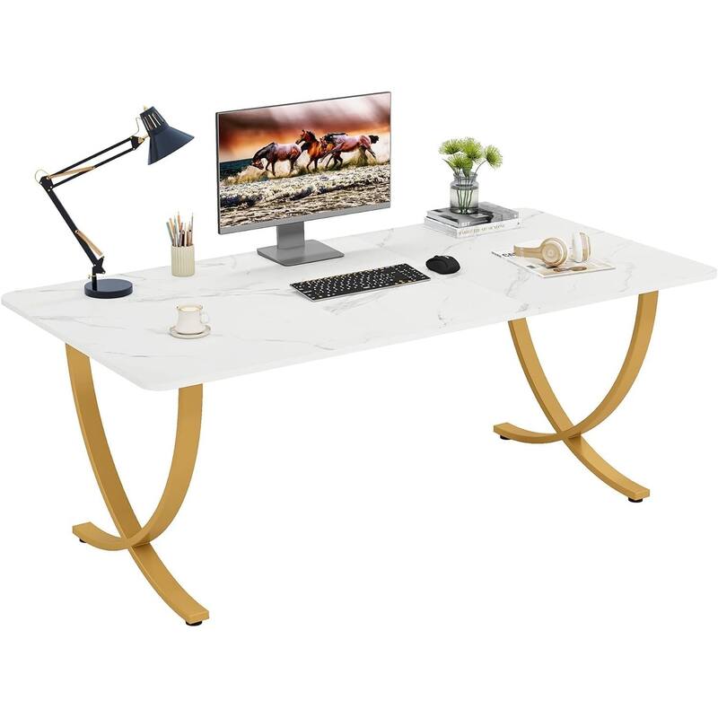 63" Executive Office Desk Modern White & Gold Computer Desk with Faux Marble Tabletop