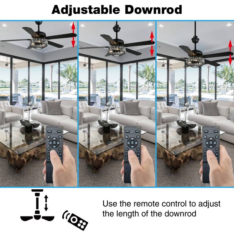42"/52" Modern Crystal Ceiling Fan with Light, 5 Wood Blades, DC Motor, Remote, Dual Downrods