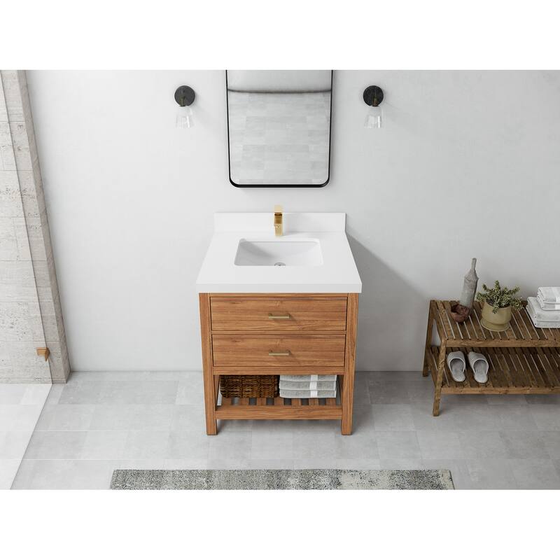 Willow Collections 30 in. W x 22 in. D Parker Solid Teak Single Sink Bathroom Vanity with Countertop - 2"White Quartz - Golden Teak