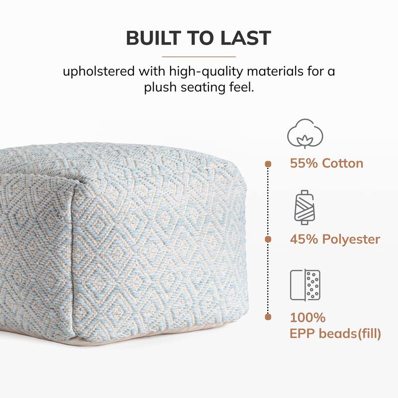 Jani Cherokee 22 x 22 x 16 Square Gray/Black Pouf Ottoman - Handmade Footrest for Living Room, Bedroom