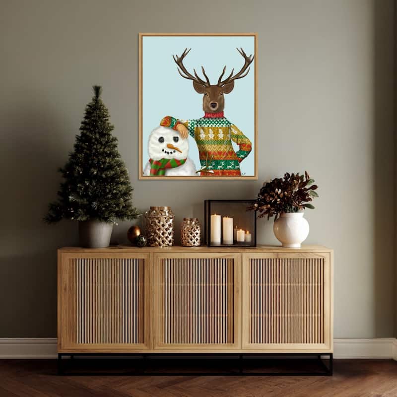 Deer in Christmas Sweater with Snowman by Fab Funky (23 x 28 in.), Framed Canvas Wall Art Print - Sylvie Natural