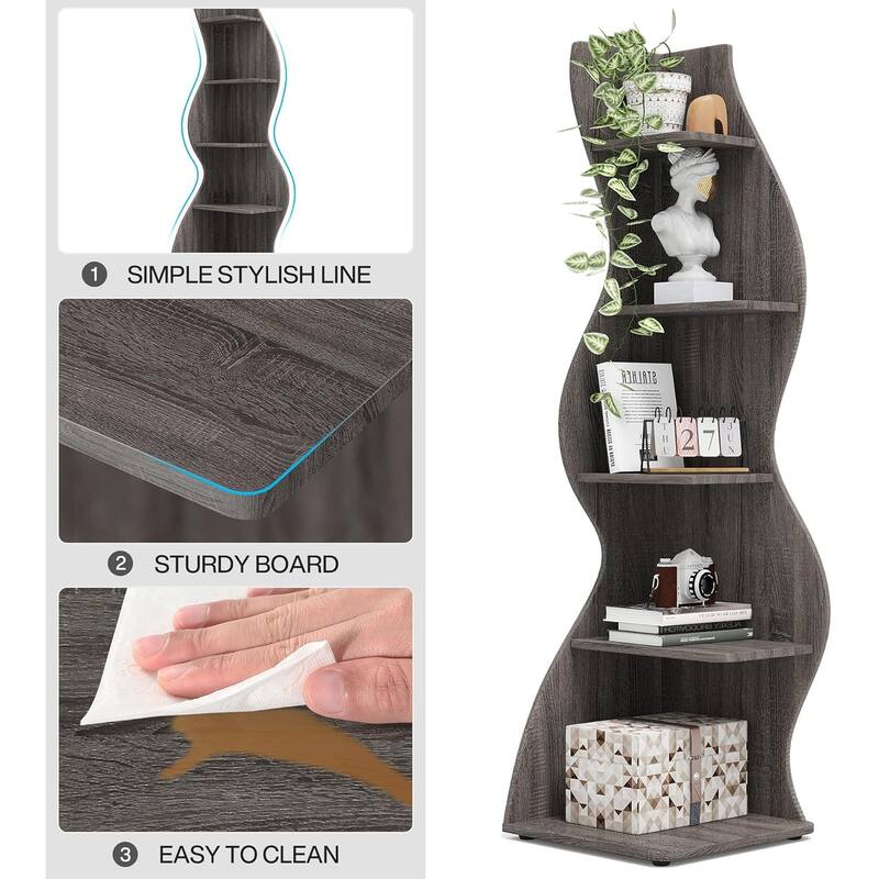 Modern 5-Tier Corner Shelf Unit with Adjustable Shelves for Living Room Office or Bedroom - 19.68” x 18.89” x 69.88”
