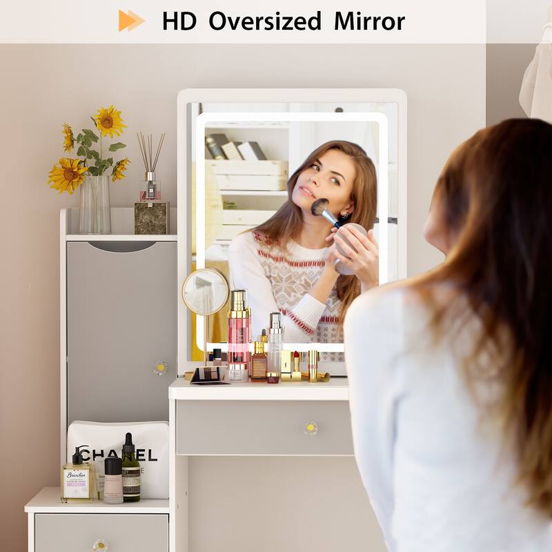 Makeup Vanity Set with Sliding Lighted Mirror & Stool - Hidden Shelves - 33"L x 15.7"W x 52.4"H