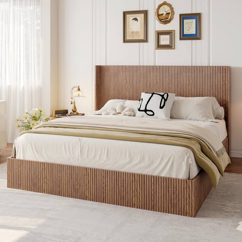 Large Grooved Undulating Lift Storage Bed Frame - Wooden Platform Bed with Lift-Top Storage