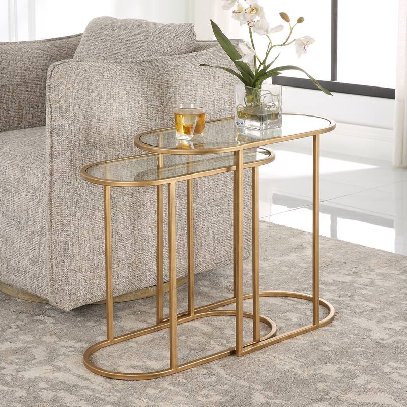 Antique Brushed Brass Nesting Tables, Set of 2 - 24"W x 22"H x 12.5"D