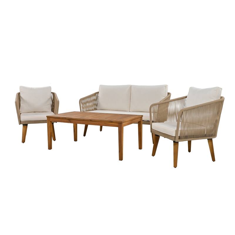 4-Piece Outdoor Rope Patio Conversation Set with Loveseat and Acacia Wood Table, Weather-Resistant Cushions and Metal Frame