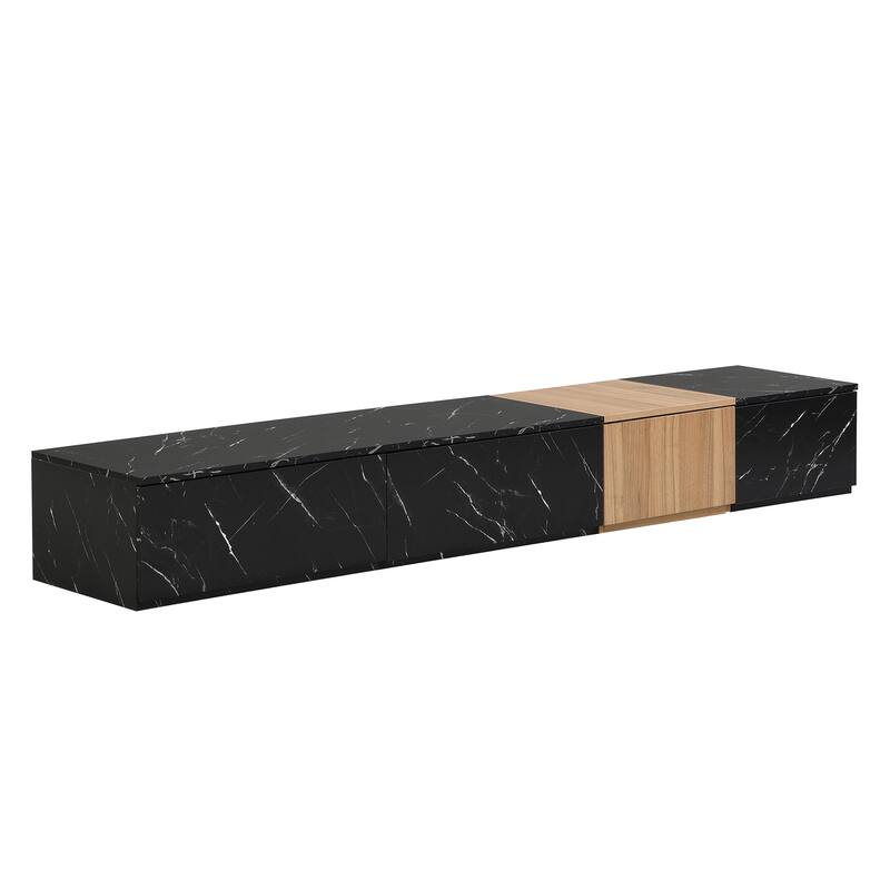 Modern TV Stand, for TVs Up to 88'' with Faux Marble and Walnut Wood Grain, 4 Storage Drawers, for Living Rooms, Black
