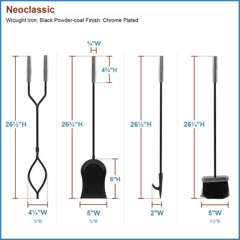 Achla Designs Neoclassic Set of 4 Fireplace Tools w/Round Base, 30 Inch Tall, Chrome and Black