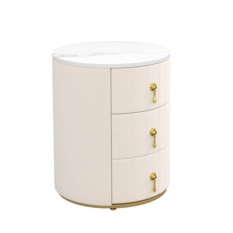 Velvet Upholstered Nightstand with 3 Drawers, Modern Cylinder-Shaped Bedside Table with Faux Marbling Top