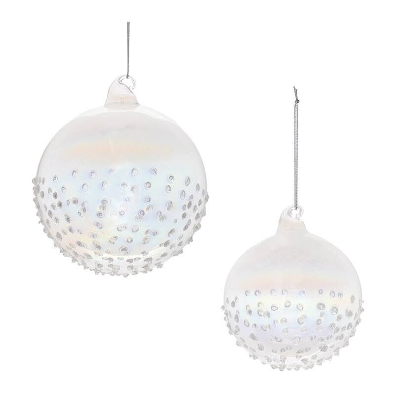 Glass Iridescent Ball Ornaments with Swirled Cap Set of 12 - 3.75” x 3.75” x 4.25” (L x W x H) - Clear