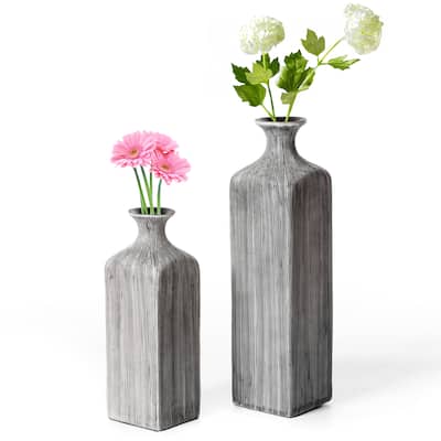 Contemporary Decorative Square Table Flower Vase with Gray Striped Design
