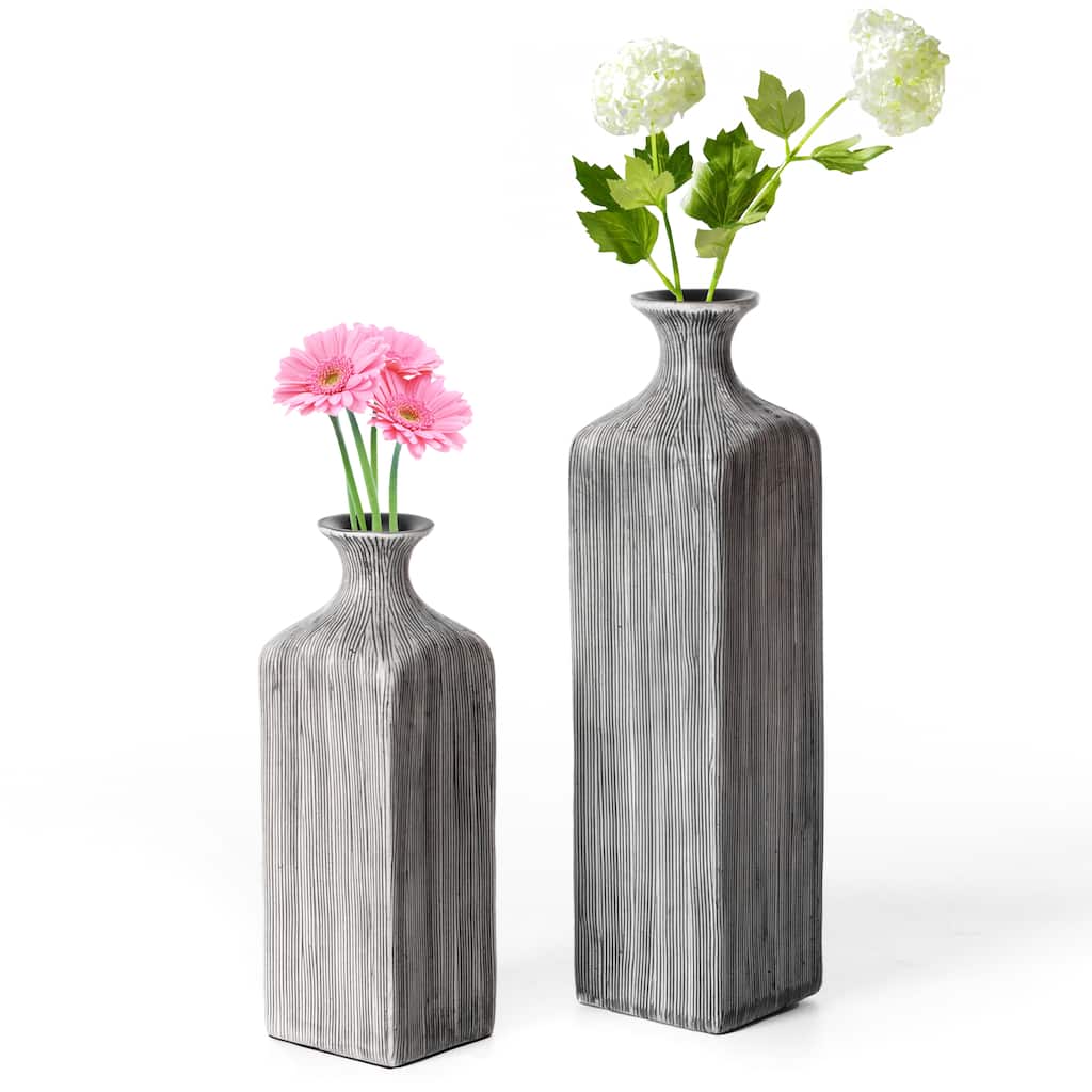 Grey Striped Decorative Square Table Centerpiece Flower Vase Display Modern Home Decor Accent Stylish Elegant Ornamental