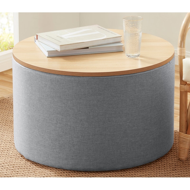 Parker Large Round Storage Coffee Table Ottoman with Wooden Lift Off Lid