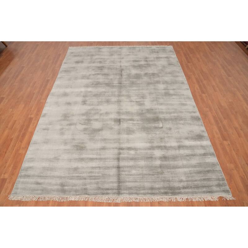 Hand Knotted Oriental Viscose Silk Carpet Modern Modern Greys & Charcoal Abstract Area Rug - 11' 4'' X 8' 0''
