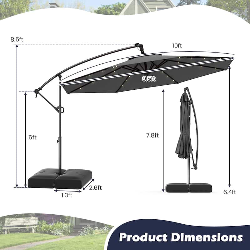Gymax 10 FT Solar Offset Hanging Umbrella Patio Cantilever Umbrella w/