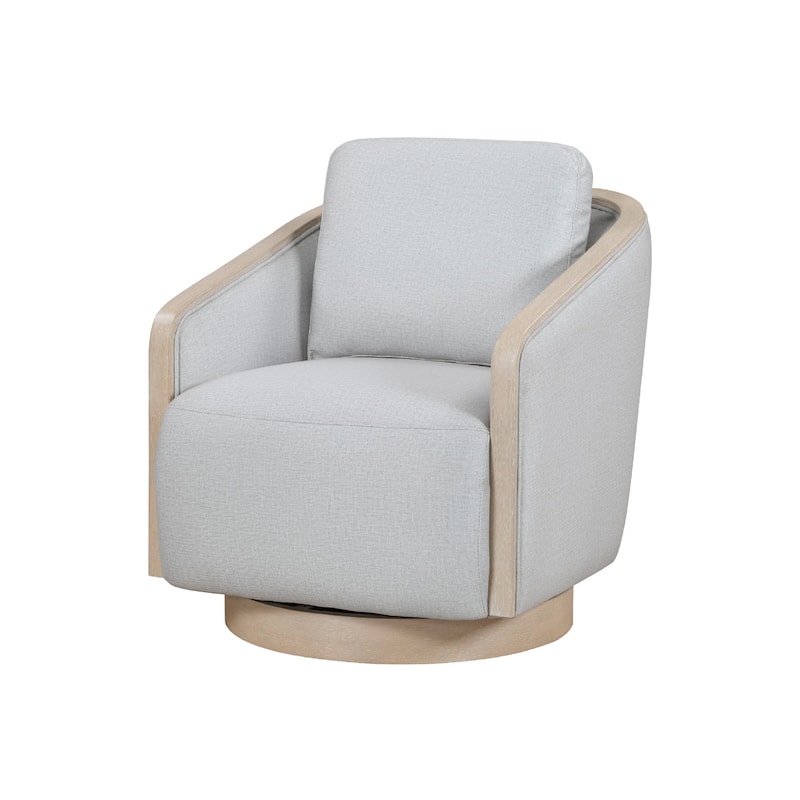 Jely Swivel Accent Armchair, Oak Brown Wood Trim and Base, Gray Polyester
