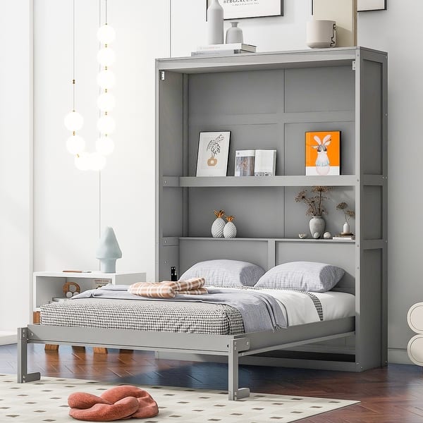 slide 2 of 14, Full Size Murphy Bed Wall Bed with Shelves,Assembly Required,Gray Gray