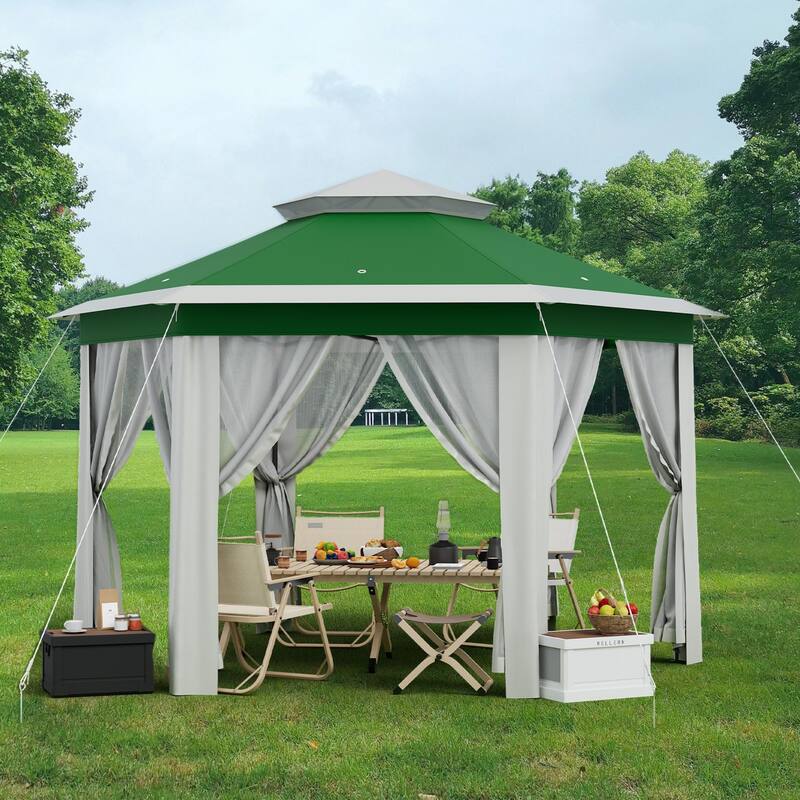 Pop Up Gazebo, Hexagonal Canopy Shelter with 6 Zippered Mesh Netting, Event Tent with Strong Steel Frame