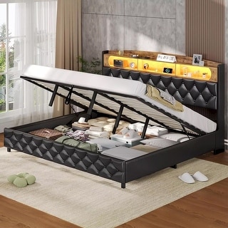 Lift Up Storage Bed Frame King Size LED Light & Upholstered Headboard ...