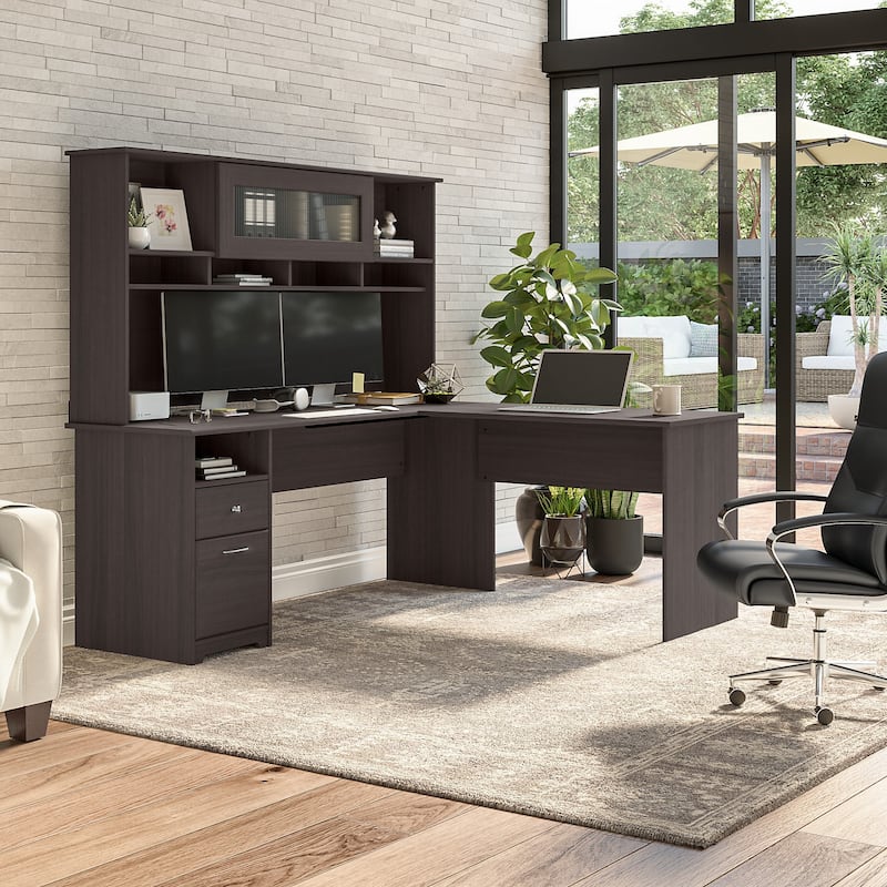 72W L-shaped Computer Desk with Hutch and Drawers by Bush Furniture - Heather Gray