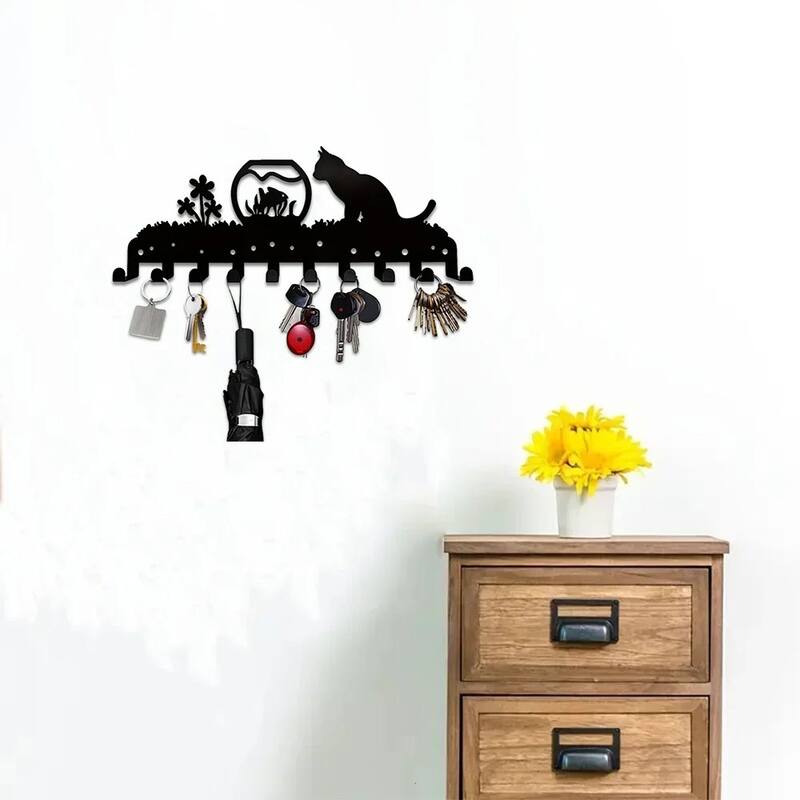 Adorable Kitty Black Iron Wall Mounted Rack with 10 Hooks for Entryway or Bedroom - 13.78”L x 5.51”H