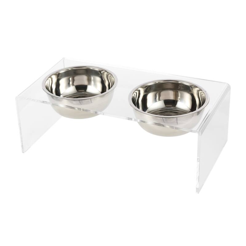 Keaton 7.5" Medium/Large Modern Lucite Rectangular Elevated Pet Feeder with 54oz 2-Stainless Steel Bowls - Clear/Chrome