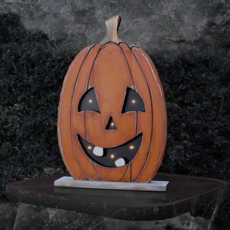 Haunted Hill Farm 18-In. Tall Pumpkin Battery-Operated Wooden Centerpiece with Lights and Timer