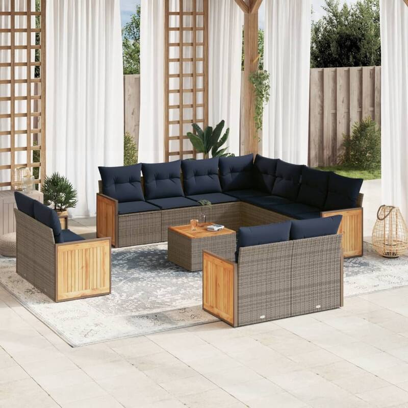 vidaXL 11/12 Piece Patio Sofa Set with Cushions Black/Gray Poly Rattan - 21.7 x 24.4 x 27.2 - Gray With table