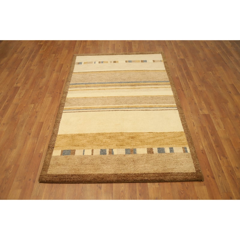 Hand Knotted Oriental 100% Wool Carpet Modern Geometric Beige & Ivories Gabbeh Area Rug - 5' 11'' X 4' 0''