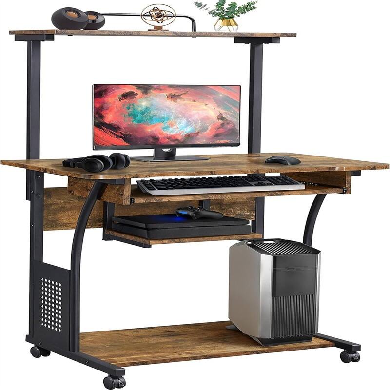 3 Tier Computer Desk with Printer Shelf - Rustic Brown