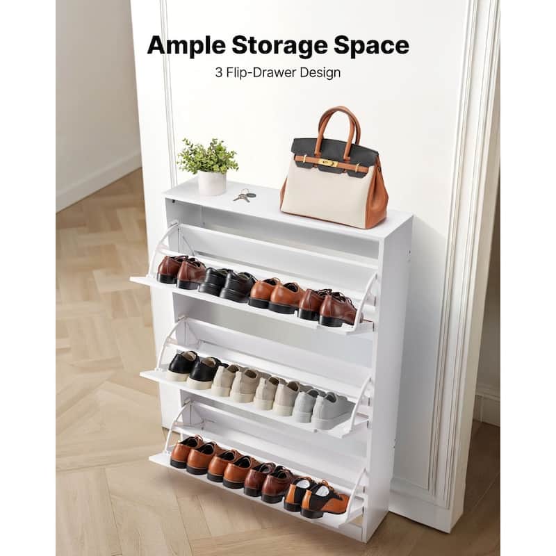 Modern White Shoe Cabinet with 3 Flip Drawers and Adjustable Shelves for Narrow Hallway Storage - 31.5 x 8.66 x 45.87 in